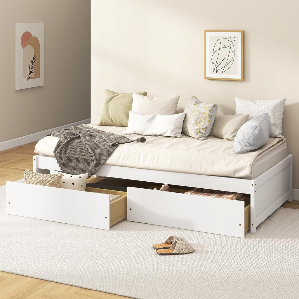 Giantex Twin Bed Frame with 2 Storage Drawers, Solid Wood Platform Bed with Slats Support, Heavy Duty Daybed with Storage, No Box Spring Needed, Twin Bed Frames for Kids Teens Adults Guests (White)