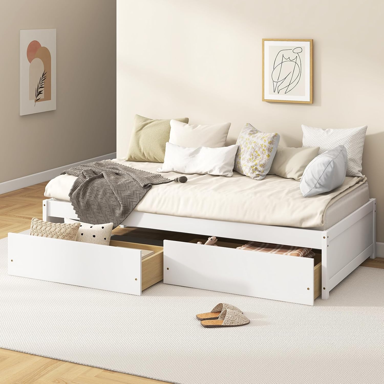 Giantex Twin Bed Frame with 2 Storage Drawers, Solid Wood Platform Bed with Slats Support, Heavy Duty Daybed with Storage, No Box Spring Needed, Twin Bed Frames for Kids Teens Adults Guests (White)