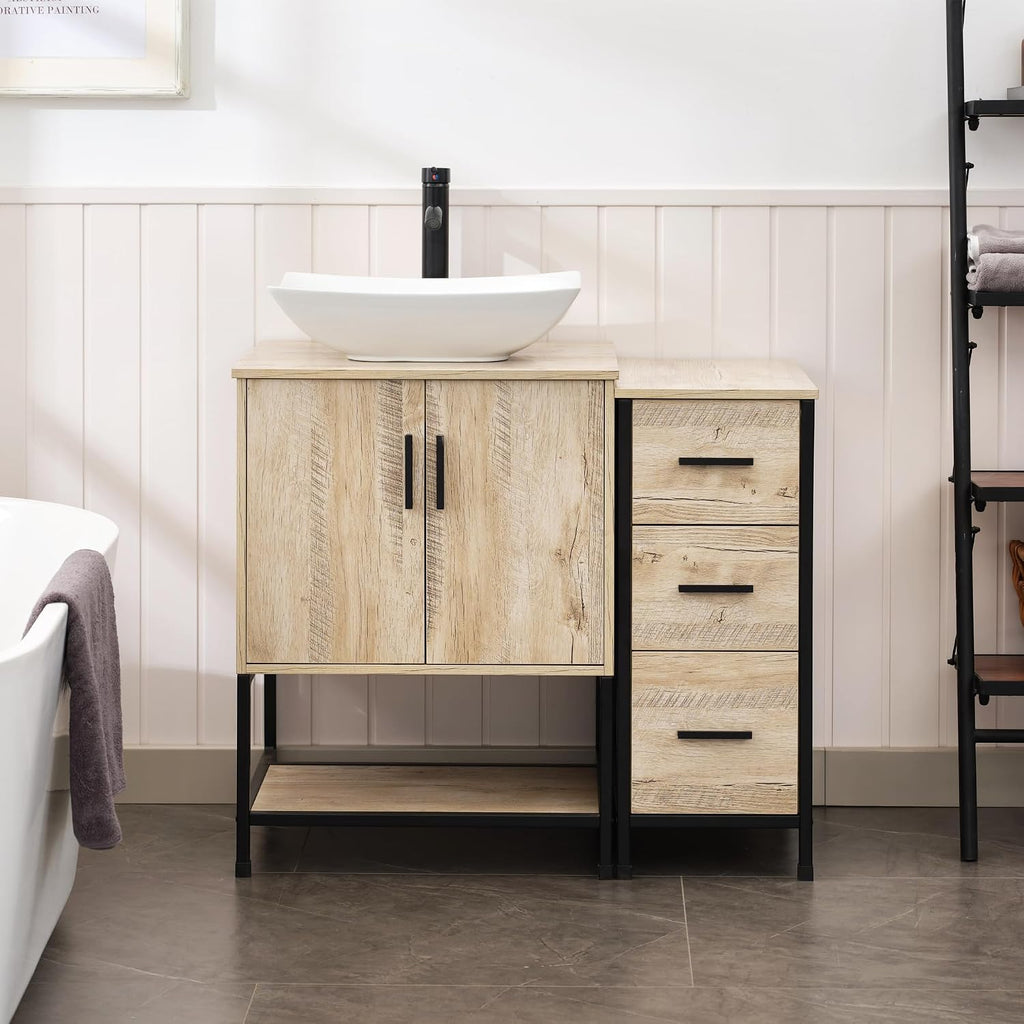 UEV 36' Rustic Oak Bathroom Vanity with Sink Combo,Industrial Iron Frame Bathroom Cabinet Sets with 3 Drawers Side Cabinet,Modern Artistic Ceramic Vessel Sink(032WH)
