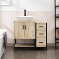 UEV 36' Rustic Oak Bathroom Vanity with Sink Combo,Industrial Iron Frame Bathroom Cabinet Sets with 3 Drawers Side Cabinet,Modern Artistic Ceramic Vessel Sink(032WH)