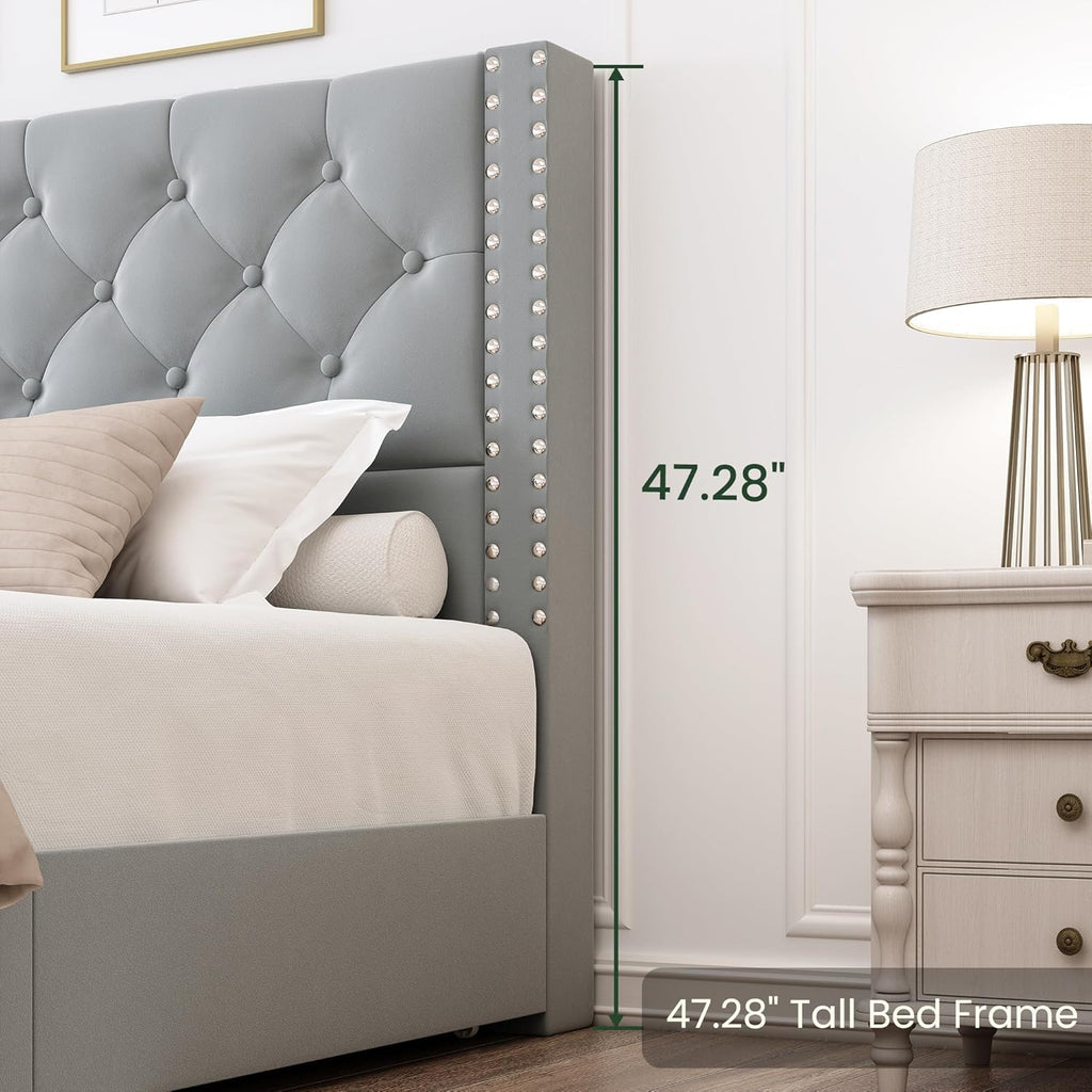 LARMACE Full Size Bed Frame Upholstered Platform Bed with 4 Storage Drawers and Tufted Headboard Bed Frame with Heavy Duty Wood Slats, No Box Spring Needed, Easy Assembly, Bluish Grey