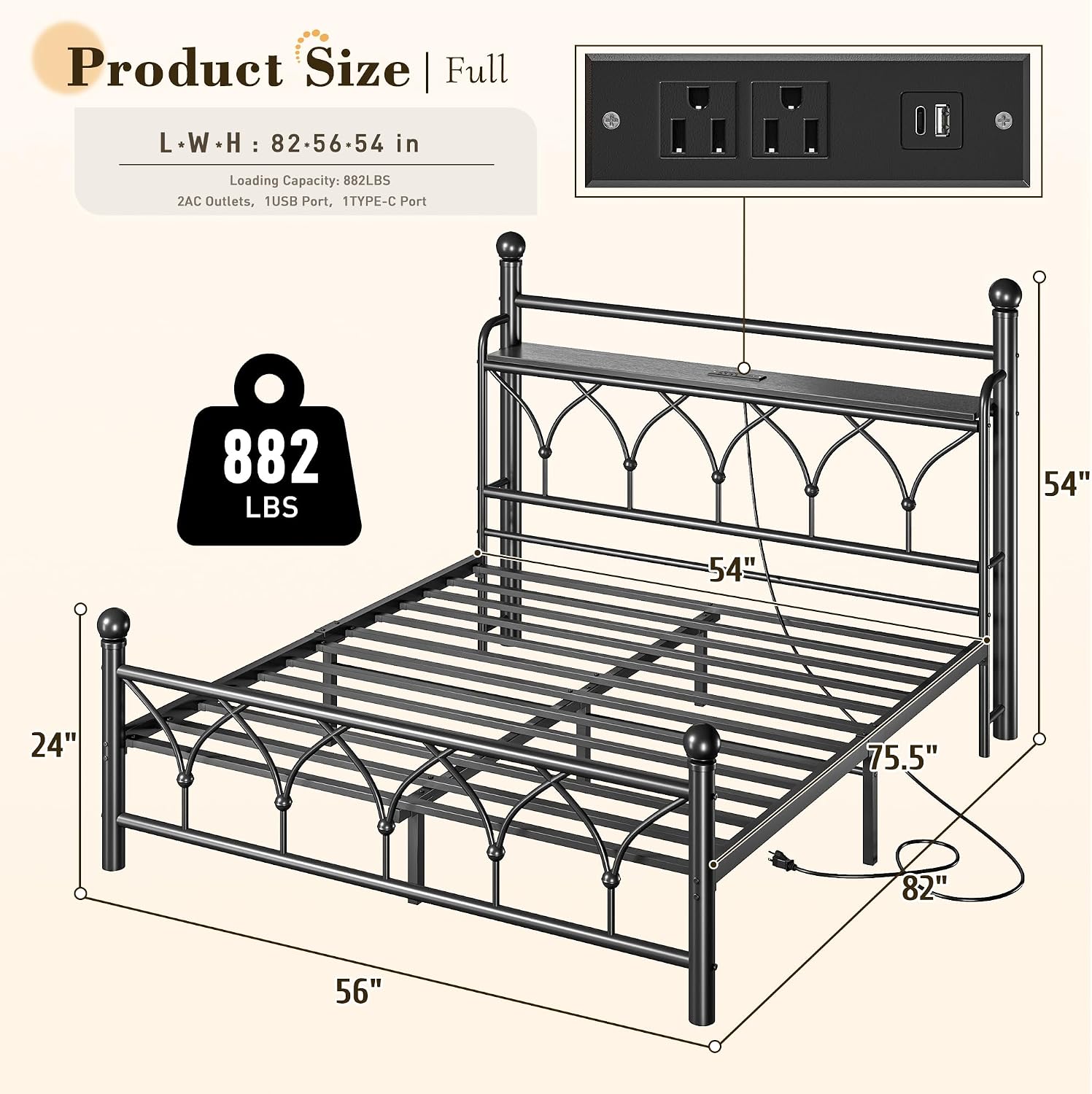 EnHomee Full Bed Frame with Vintage Headboard, Metal Victorian Style Full Size Bed Frame with Storage, LED Lights,Power Outlets, Sturdy & Easy Assembly, Noise-Free, No Box Spring Needed,Black
