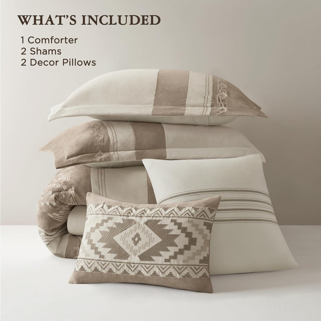 Woolrich Queen Comforter Set – Sutherland 5-Piece Microsuede Embroidered Bedding Set with Decorative Pillows, Taupe