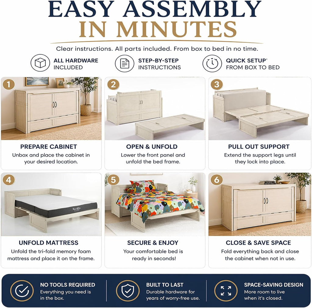 NIGHT & DAY Furniture Murphy Cube Cabinet Bed Queen – Fold-Out Space-Saving Guest Bed with Memory Foam Mattress – Provence Ivory Finish