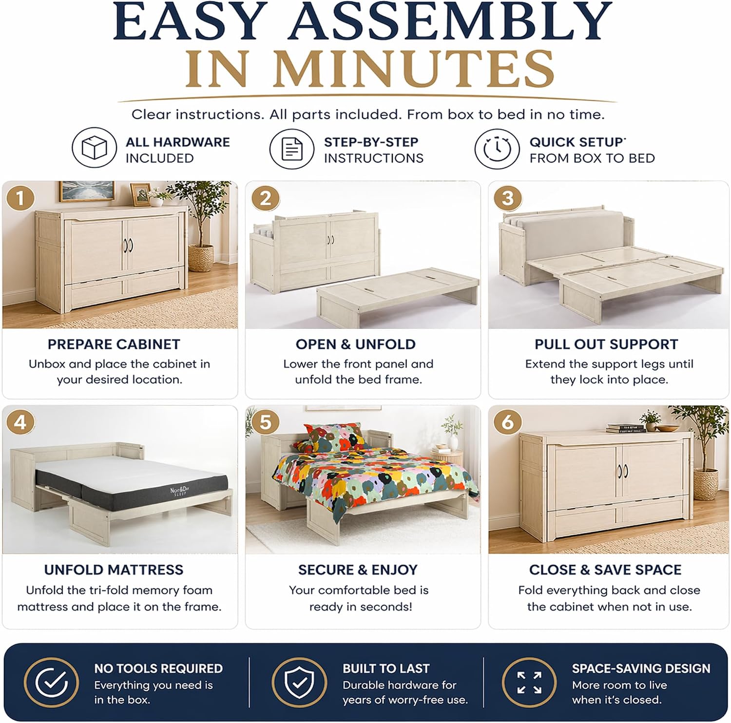 NIGHT & DAY Furniture Murphy Cube Cabinet Bed Queen – Fold-Out Space-Saving Guest Bed with Memory Foam Mattress – Provence Ivory Finish