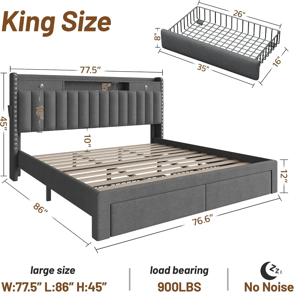 CypBed King Size Bed Frame with 4 Storage Drawers, Upholstered Platform King Bed Frame and Headboard, 3 USB & Type-C Charging Ports, Solid Wood Slats, No Box Spring Needed, No-Noise, Dark Grey,Gifts