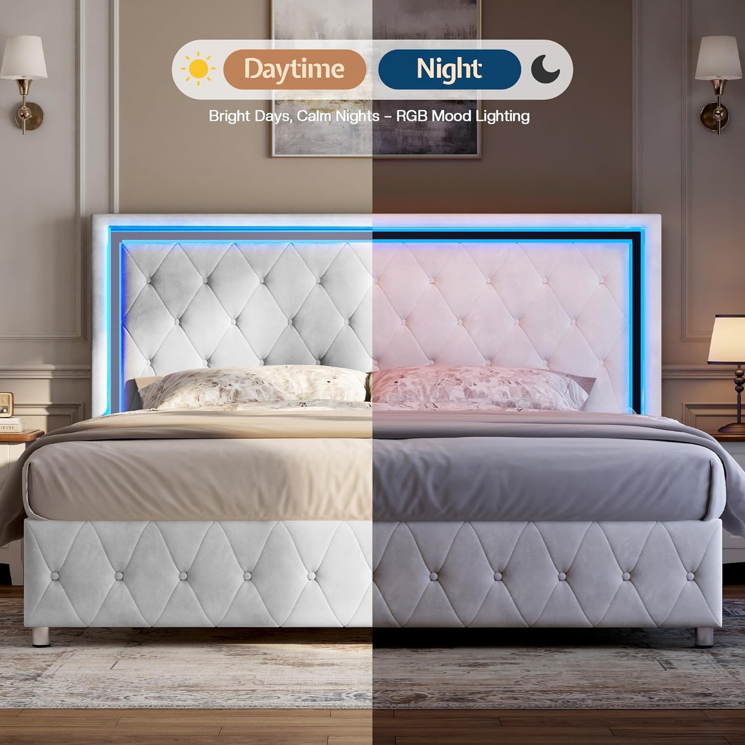 Jocisland Twin Bed Frame with LED Lights Headboard&Footboard, Velvet Upholstered Twin Size Platform Bed Frame No Box Spring Needed/White