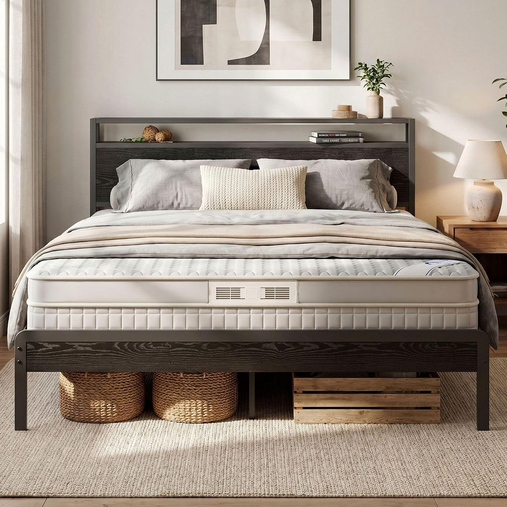 LIKIMIO Queen Bed Frame with Headboard, Dark Wood Camas Queen with Strong Supports, Sturdy, Noise-Free, No Box Spring Needed, Black