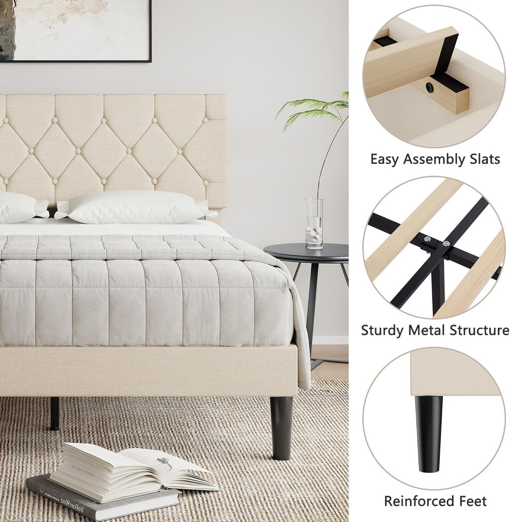 VECELO Queen Bed Frame with Button Tufted Headboard, Upholstered Platform with Wooden Slat Support, No Box Spring Needed, Cream Beige