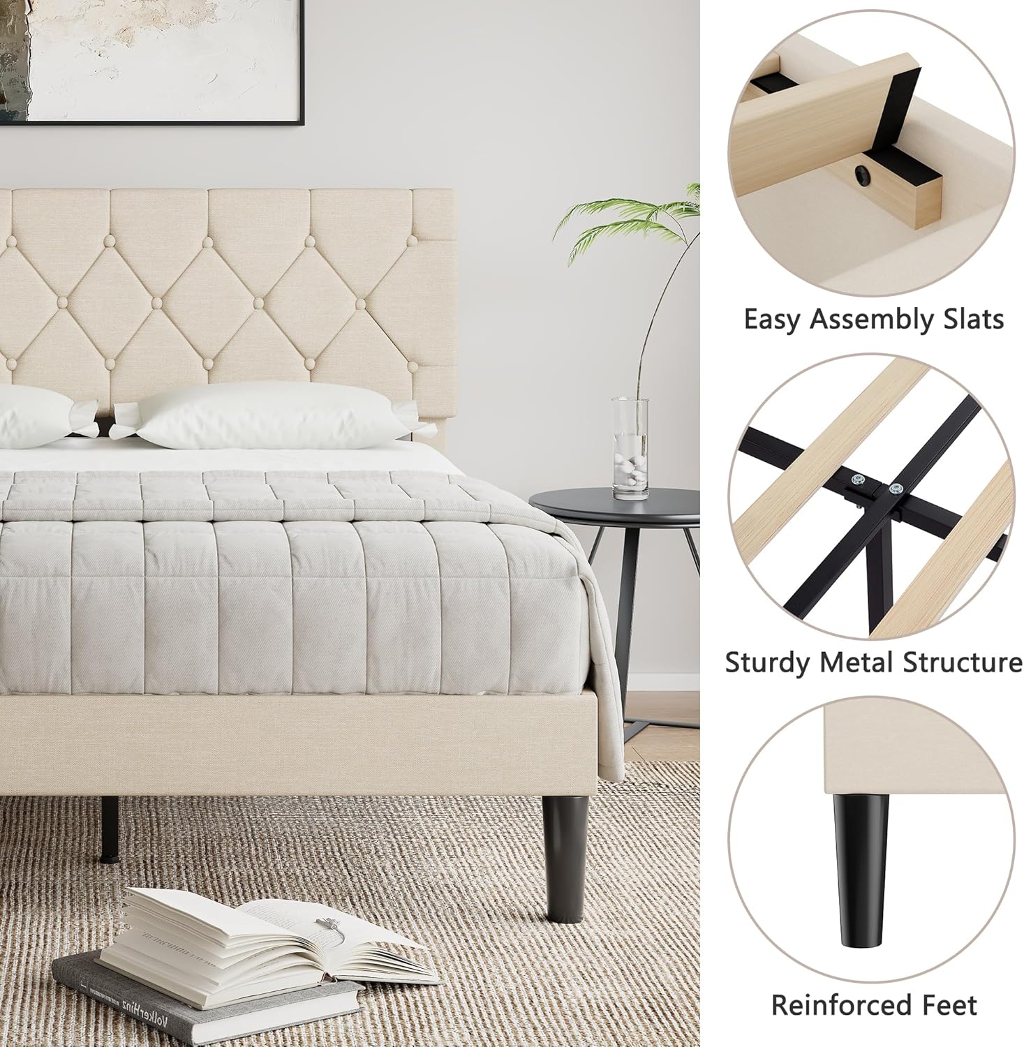 VECELO Queen Bed Frame with Button Tufted Headboard, Upholstered Platform with Wooden Slat Support, No Box Spring Needed, Cream Beige