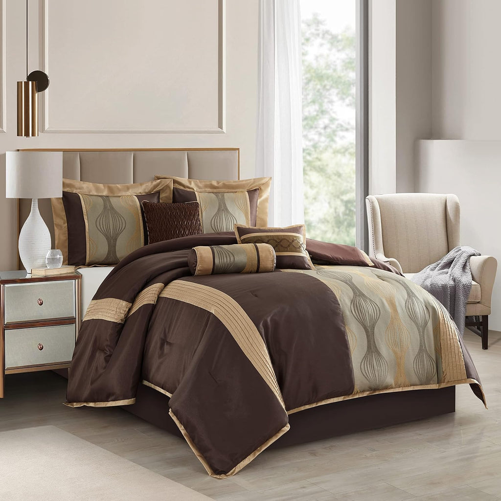 Grand Avenue Elegant Jacquard Brown Comforter Set, Size Queen, 7 Piece Bed in a Bag, Striped Bedding Set All Season, Matching Decorative Pillows, Pillow Shams & Bed Skirt