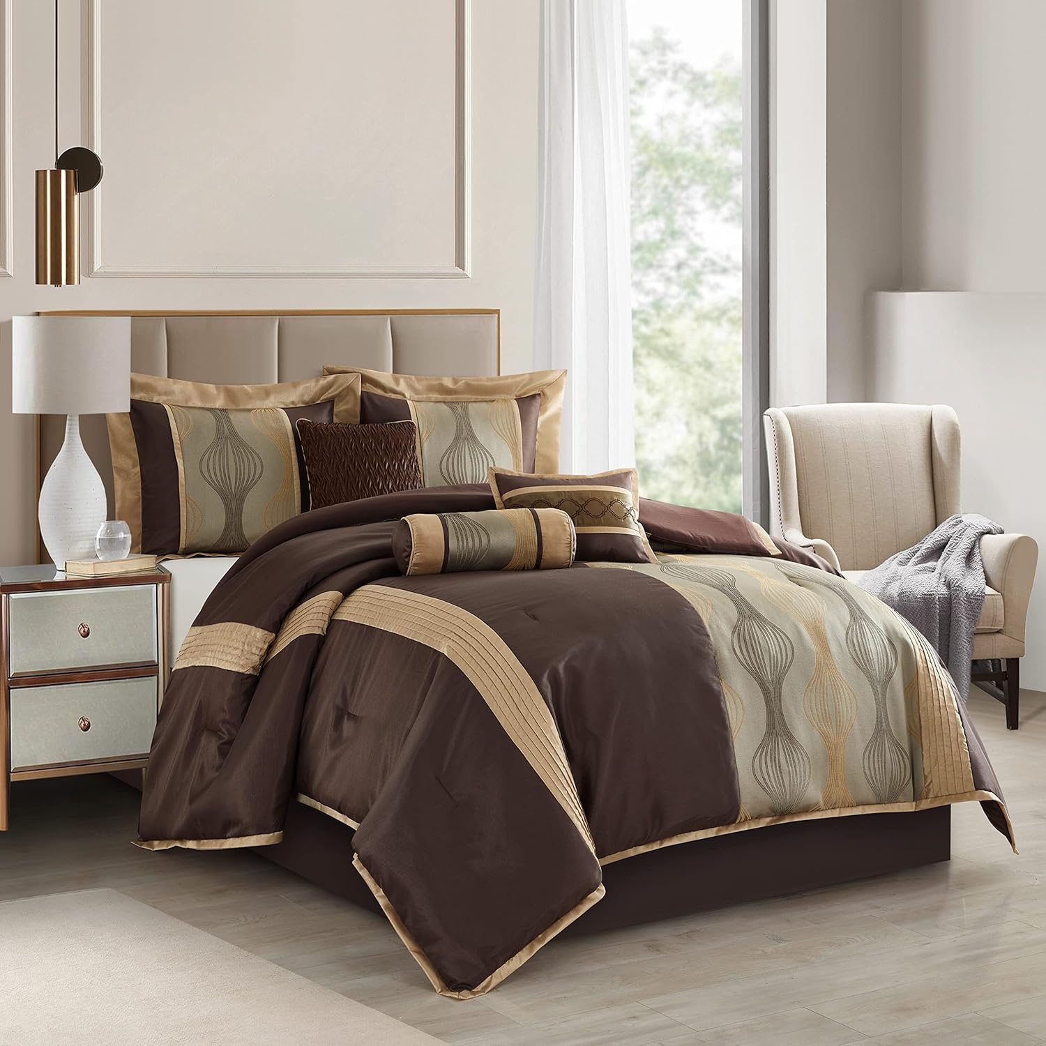 Grand Avenue Elegant Jacquard Brown Comforter Set, Size Queen, 7 Piece Bed in a Bag, Striped Bedding Set All Season, Matching Decorative Pillows, Pillow Shams & Bed Skirt