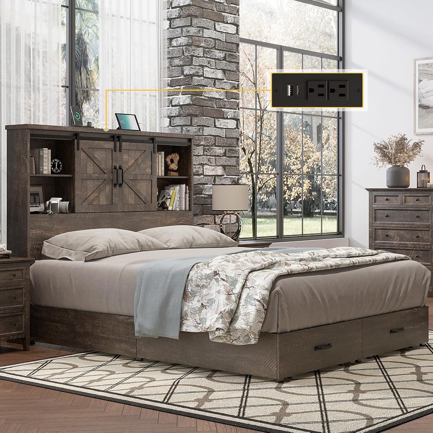 HOWE Farmhouse Queen Size Bed Frame with 51.2' Bookcase Headboard, Wooden Platform Bed with 2 Drawers, Sliding Barn Door Dec, Storage Bed with Charging Station, No Box Spring Needed, Brown