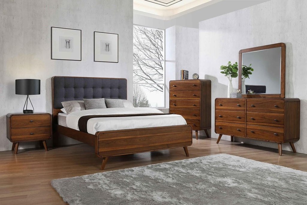 Coaster Home Furnishings Robyn Contemporary 5-Piece Bedroom Set Fabric Upholstered California King Size Panel Bed Frame 53-inch Headboard Dark Walnut 205131KW-S5
