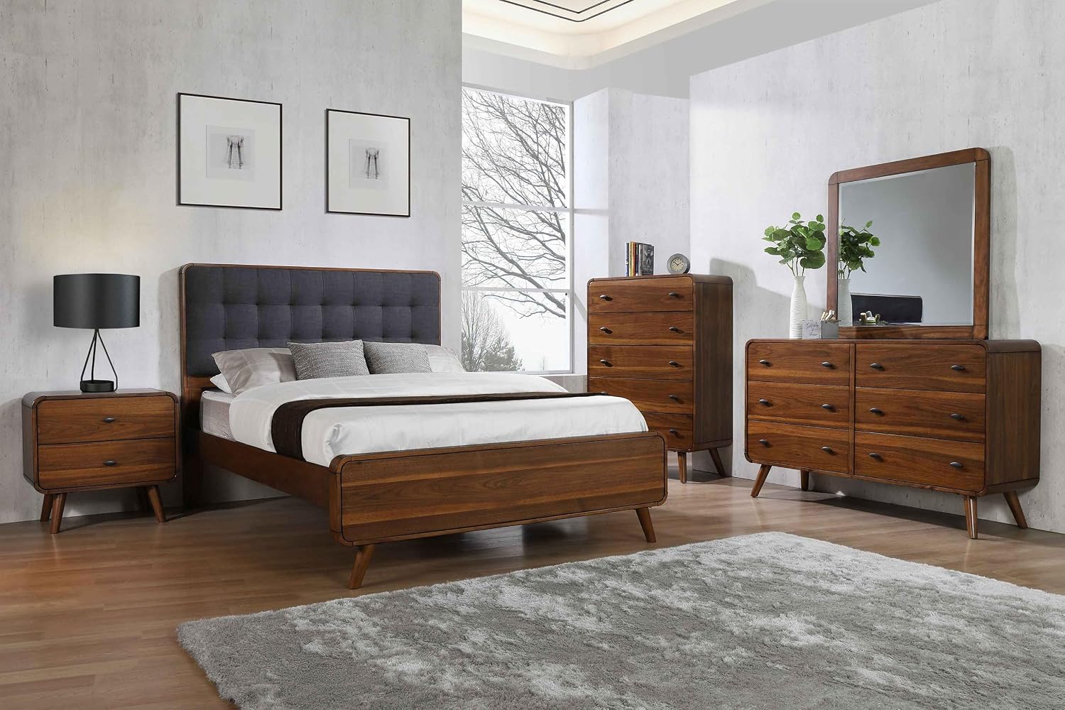 Coaster Home Furnishings Robyn Contemporary 5-Piece Bedroom Set Fabric Upholstered California King Size Panel Bed Frame 53-inch Headboard Dark Walnut 205131KW-S5