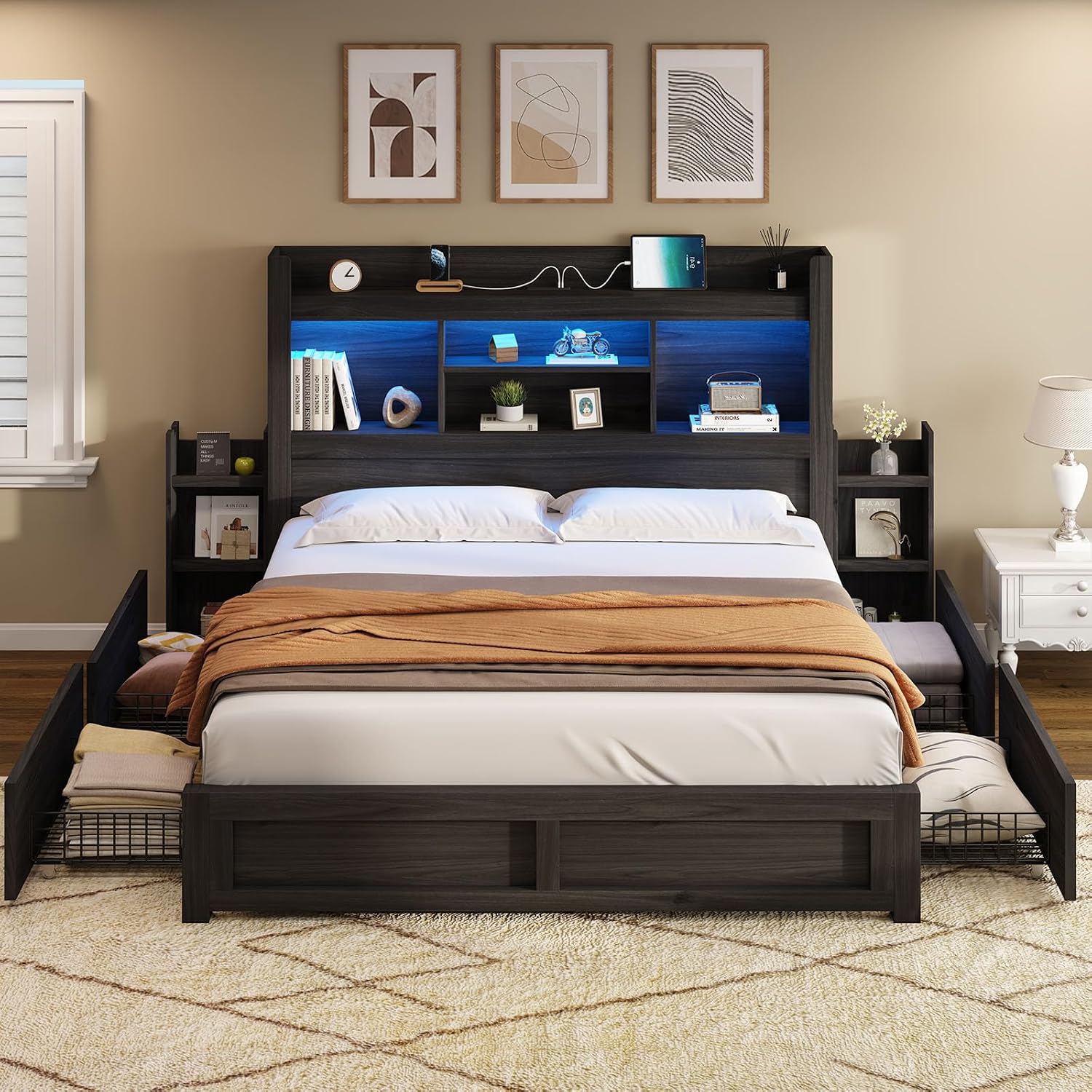 AMERLIFE Full Size Bed Frame with 4 Storage Drawers, LED Bed Frame with 49.6' Tall Bookcase Headboard, Wood Platform Bed with Charging Station & 2 Slide Bedside Shelf, No Box Spring Needed/Black