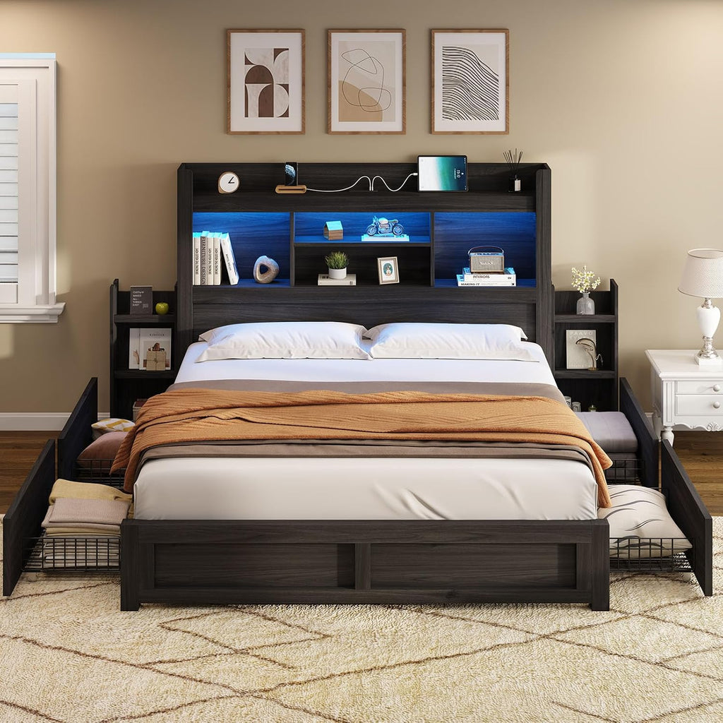 AMERLIFE Queen Bed Frame with 4 Storage Drawers, LED Bed Frame with 49.6' Tall Bookcase Headboard, Wood Platform Bed with Charging Station & 2 Slide Bedside Shelf, No Box Spring Needed/Black