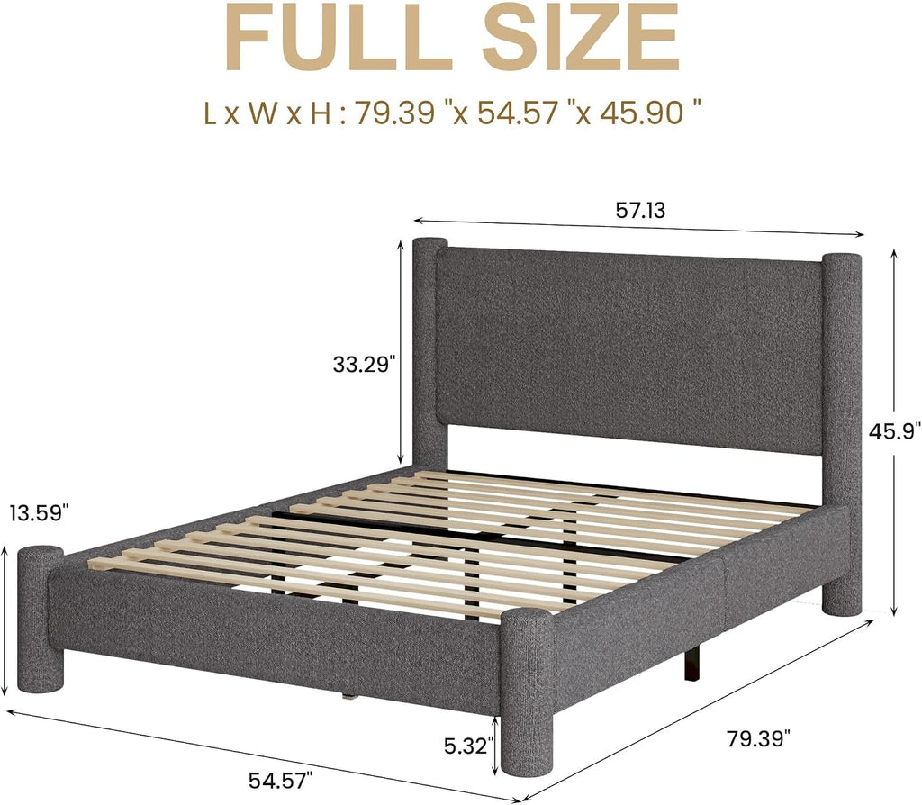 REVOMINCA Full Size Bed Frame, Boucle Upholstered Platform Bed with Headboard and Footboard, Soft Rounded Corners, No Box Spring Required, Easy Assembly, Dark Grey