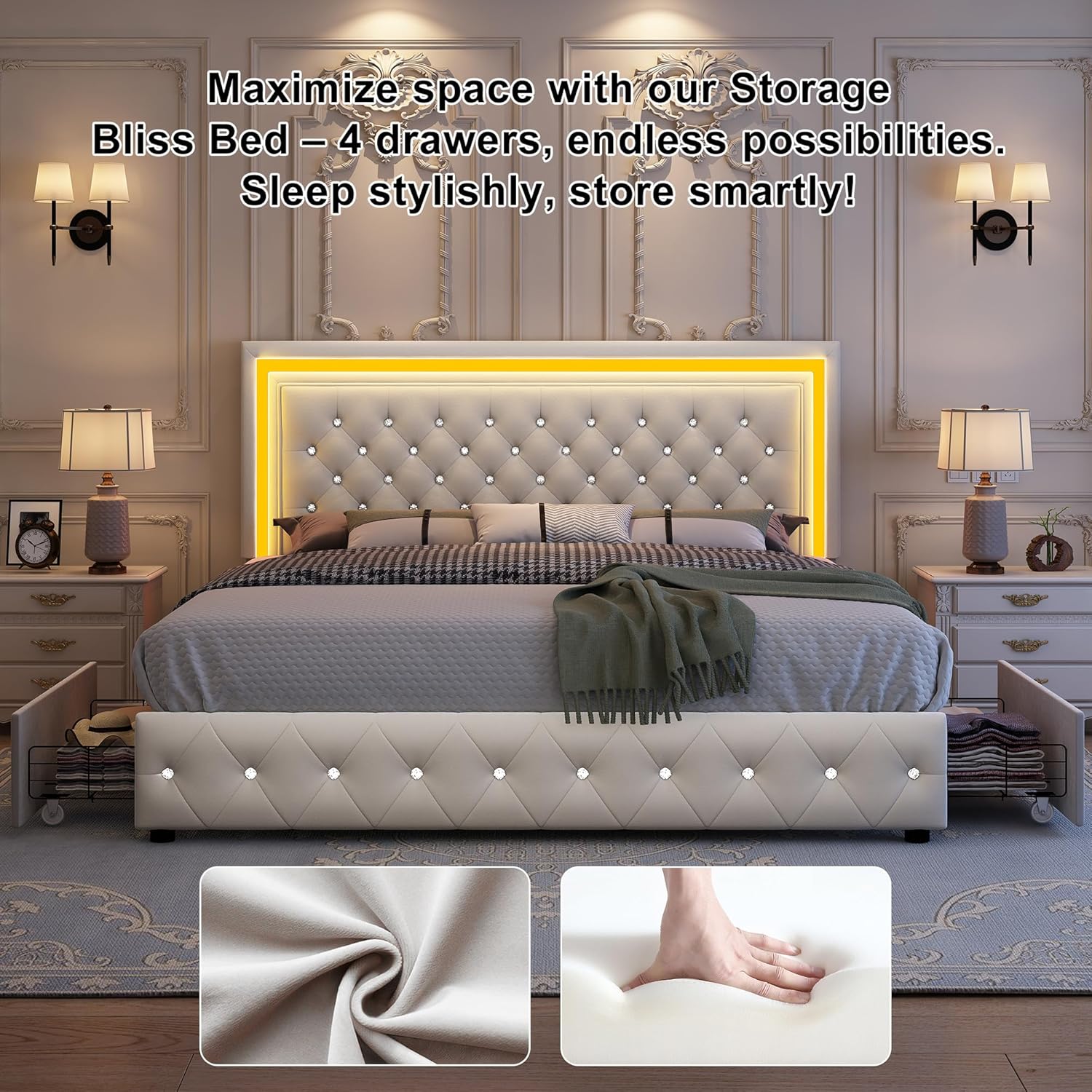 GEGOFORU King Led Bed Frame with 4 Storage Drawers, Bed Frame with Led Lights No Box Spring Needed, 900 lbs Capacity, Easy Assembly, Velvet Cream