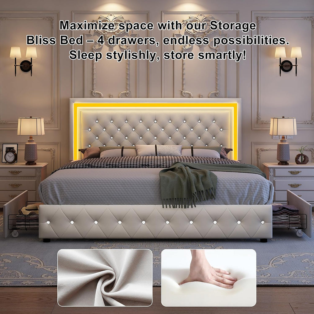 GEGOFORU Queen led Bed Frame with 4 Drawers, Upholstered Platform Bed with Solid Wooden Slats Support, No Box Spring Needed, 900 lbs Capacity, Easy Assembly, Velvet Cream