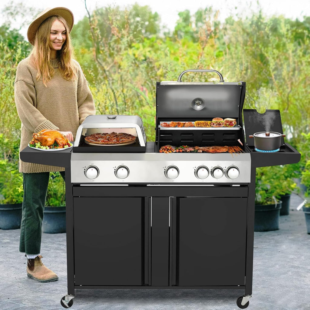 3 IN 1 Pizza Griddle Grill Combo, 74,000 BTU 5-Burner Stainless Steel Propane Gas Grill with Side Burner, Porcelain Enameled Cast Iron Grates, Griddle & Pizza Oven for Outdoor Patio Backyard