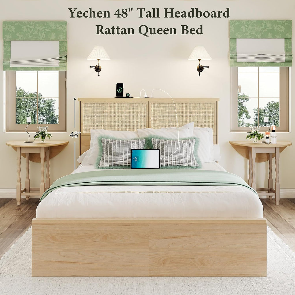Yechen Natural Rattan Queen Bed Frame with Storage, 10 Drawers & Storage Headboard with Charging Station, Boho Rattan Wood Bed Frame with Metal Frame, Noise Free, No Box Spring Needed