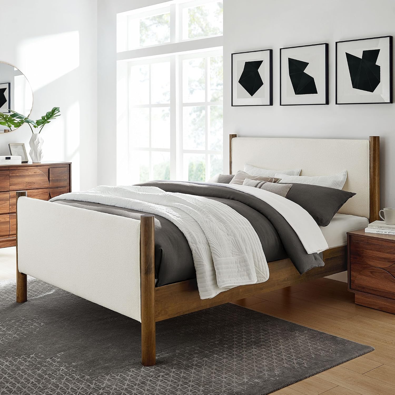 Modway Maven King Size Bed Frame in Feather Walnut with Upholstered Boucle Headboard and Footboard – Wood King Platform Bed Frame – No Box Spring Needed