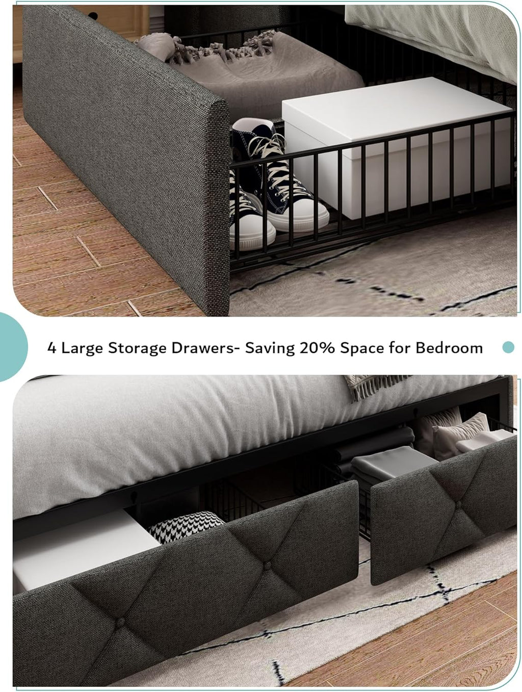 iPormis King Size Bed Frame with 4 Storage Drawers, Upholstered Platform Bed Frame with Charging Station, Modern Wingback Storage Headboard, Easy Assembly, Dark Grey