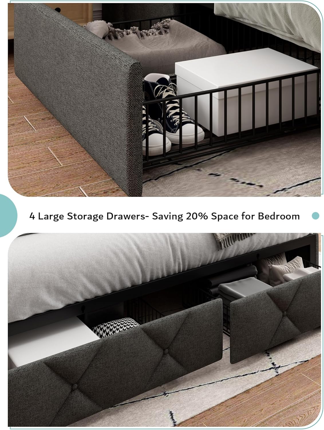 iPormis King Size Bed Frame with 4 Storage Drawers, Upholstered Platform Bed Frame with Charging Station, Modern Wingback Storage Headboard, Easy Assembly, Dark Grey