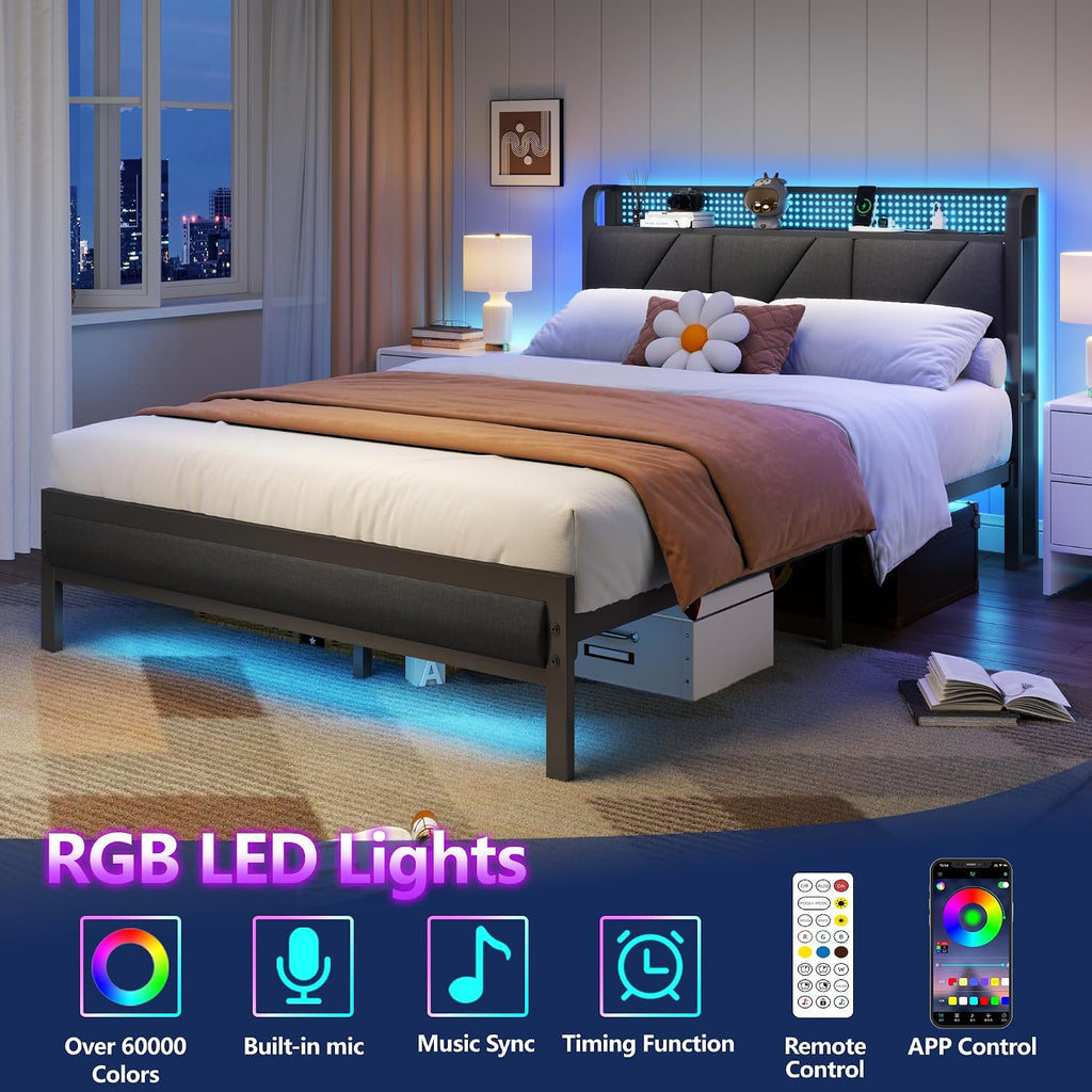 Furnulem Full Size Bed Frame with Headboard and Storage Shelf, LED Light and Charging Station, Metal Platform Bed with Heavy Duty Slats, No Box Spring Needed, Noise Free & Easy Assembly
