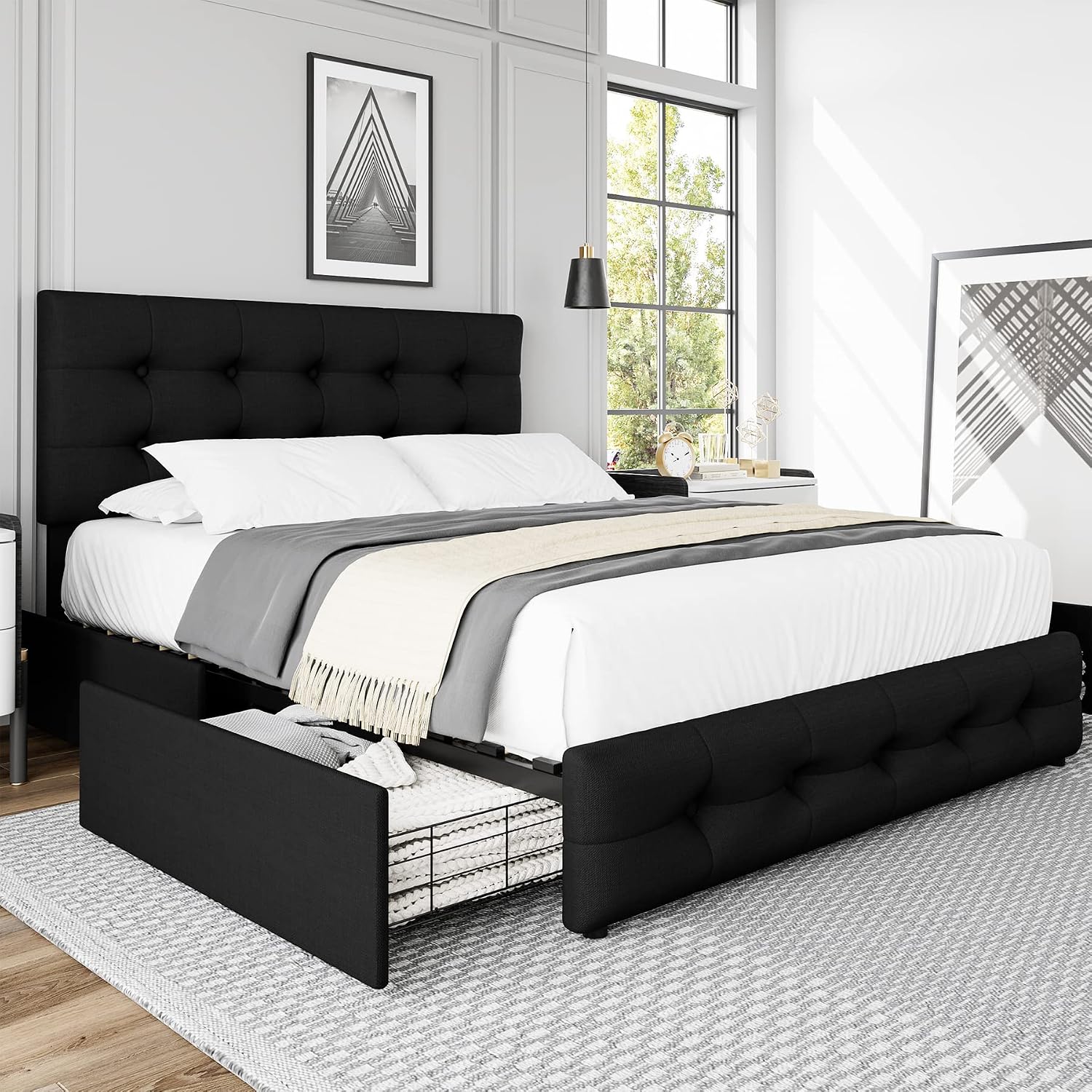 TTVIEW Queen Bed Frame with 4 Storage Drawers and Adjustable Headboard, Upholstered Platform Bed with Button Tufted Design, Strong Wooden Slats Support, No Box Spring Needed, Black