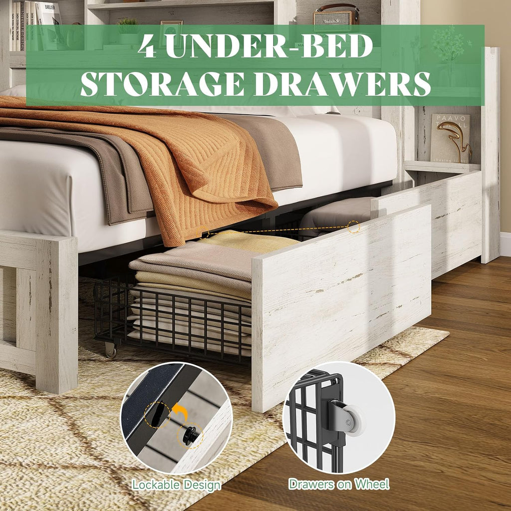 AMERLIFE King Bed Frame with 4 Storage Drawers, LED Bed Frame with 49.6' Tall Bookcase Headboard, Wood Platform Bed with 2 Slide Bedside Shelf & Charging Station, No Box Spring Needed/Distressed White