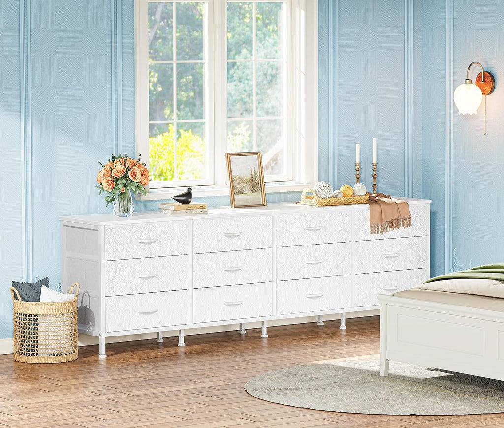 Huuger 70 Inch Dresser for Bedroom, TV Stand for 65, 75, 80 Inch TV, 12 Fabric Drawer Long Dresser, Large Storage Organizer Unit, Wide Chest of Drawer with Storage, for Living Room, White