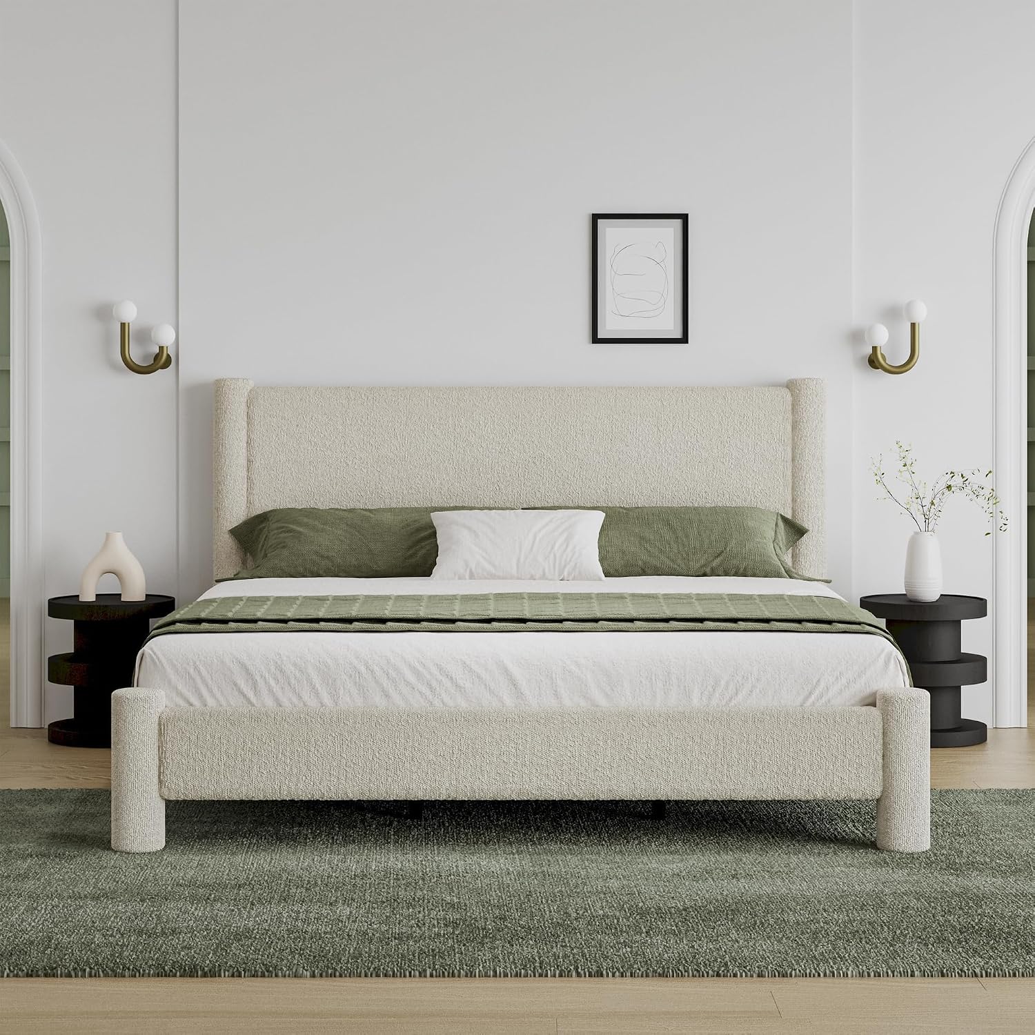 REVOMINCA King Size Bed Frame, Boucle Bed Frame with Headborad, Soft Upholstered Platform Bed Frame with Rounded Corners, No Box Spring Required, Easy Assembly, Cream