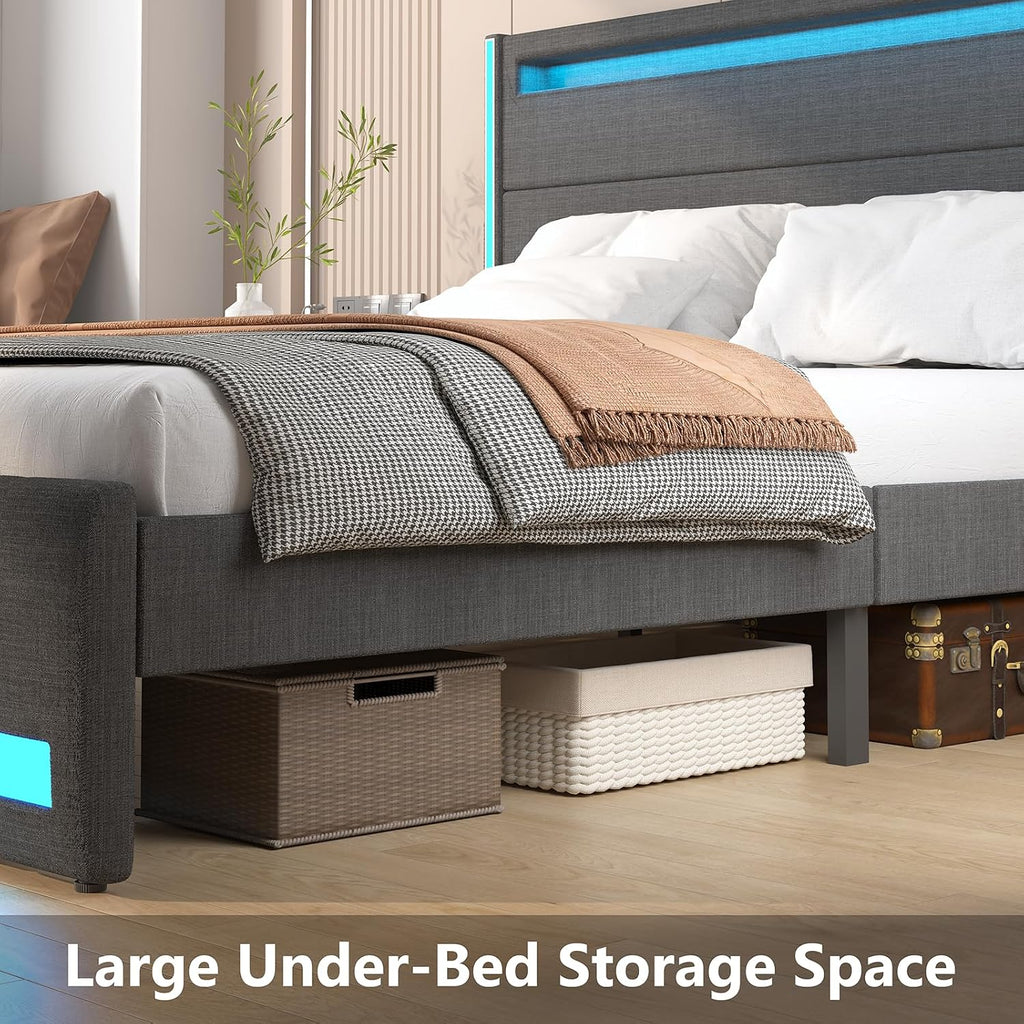 King Size Bed Frame and Adjustable Headboard, Light up King Size Platform Bed Frame with Type-C & USB Charging Station, LED Upholstered Metal Bed Frame King Size, No Box Spring Needed, Dark Grey