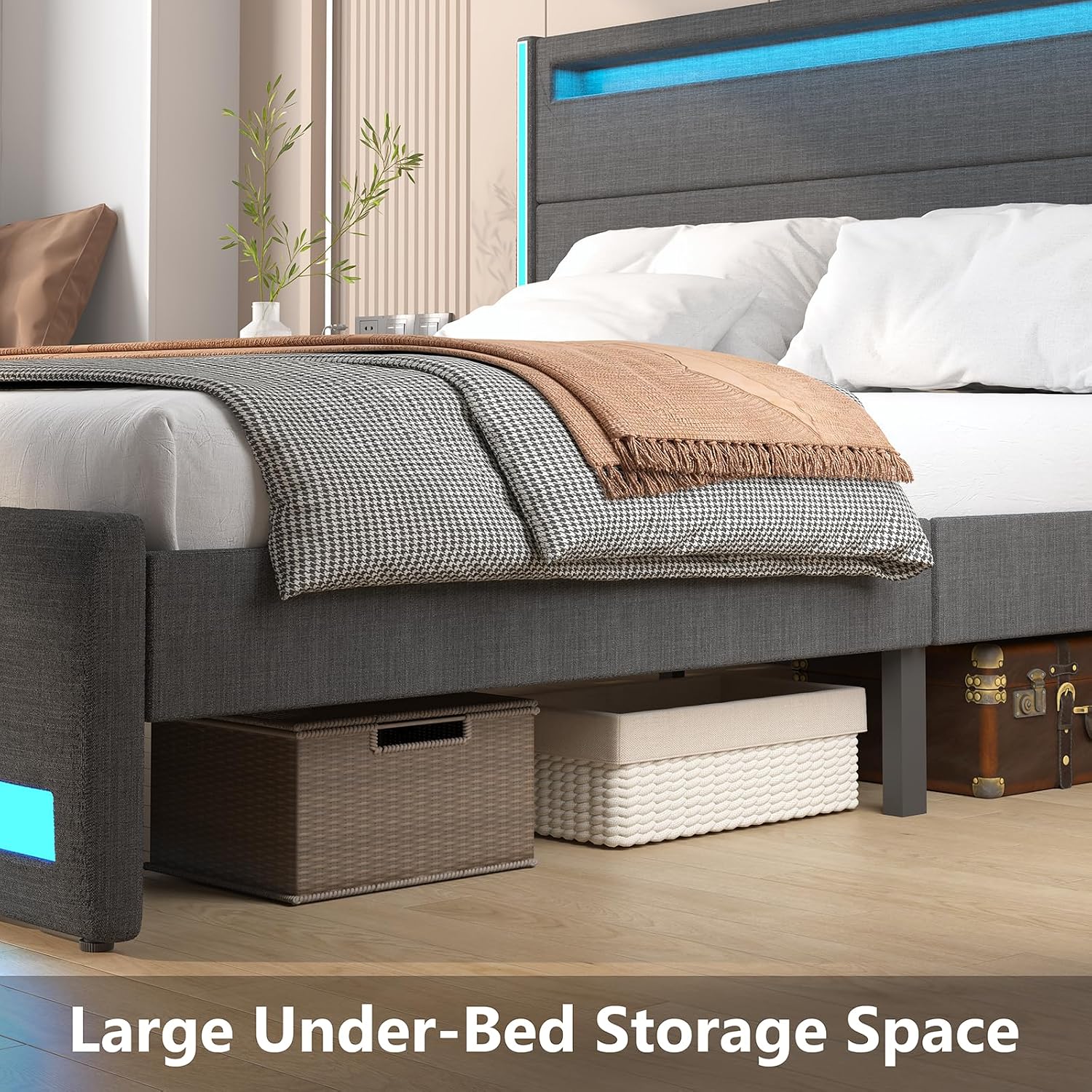 King Size Bed Frame and Adjustable Headboard, Light up King Size Platform Bed Frame with Type-C & USB Charging Station, LED Upholstered Metal Bed Frame King Size, No Box Spring Needed, Dark Grey