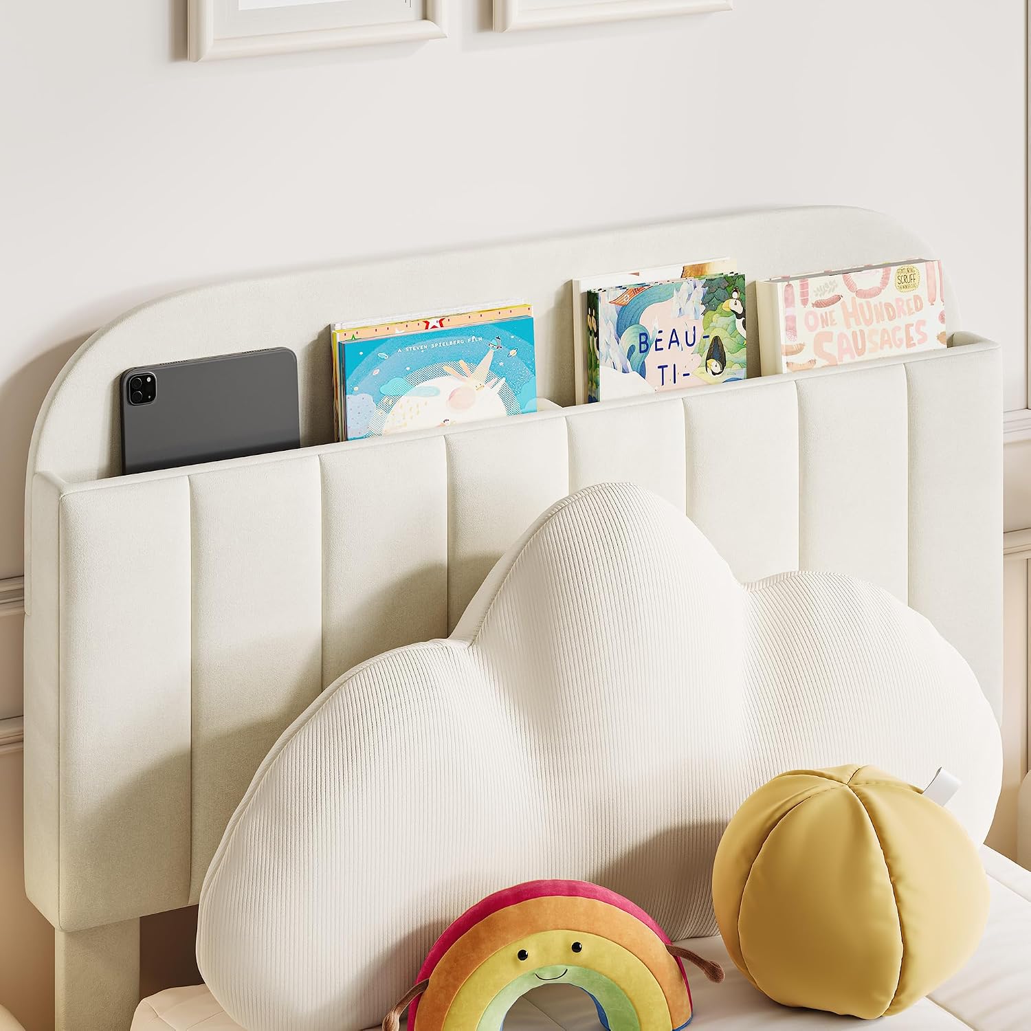 IDEALHOUSE Twin Bed Frame for Kids, Upholstered Platform Bed with Large Storage Drawer and Bookcase Headboard, Girls Boys Bed, Noise-Free, Easy Assembly, No Box Spring Needed, Cream White