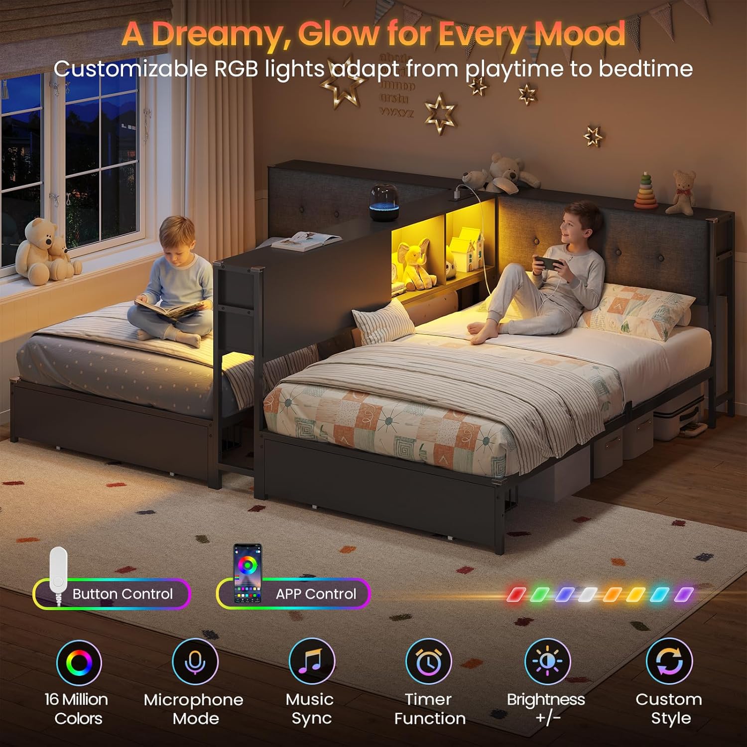 DICTAC Twin Beds for 2 Kids with Storage Bookcase Divider, Charging Station and LED Lights, Double Twin Bed with 2 Large Drawers and Headboard Storage, Metal Platform Bed for Shared Bedroom, Black