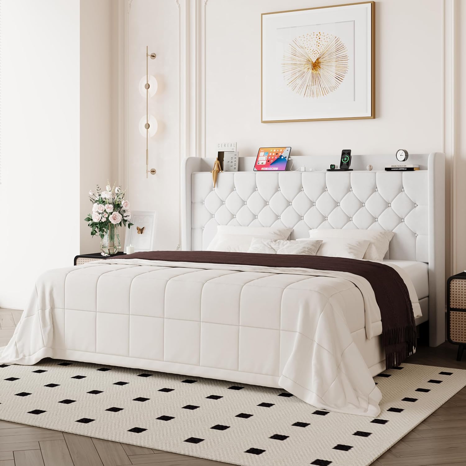 Allewie King Size Bed Frame, Storage Headboard with Charging Station, Wingback Velvet Upholstered, Diamond Stitched Button Tufted, Sturdy Wooden Slats, No Box Spring Needed, Easy Assembly, White