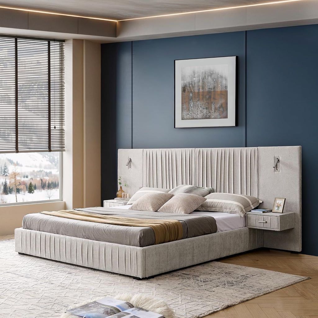 Chenille Upholstered King Size Bed Frame with Pleated Design, Integrated Headboard and Nightstands, Adjustable Bedside Lamps, No Box Spring Needed, Luxury Bedroom Furniture (Light Beige)