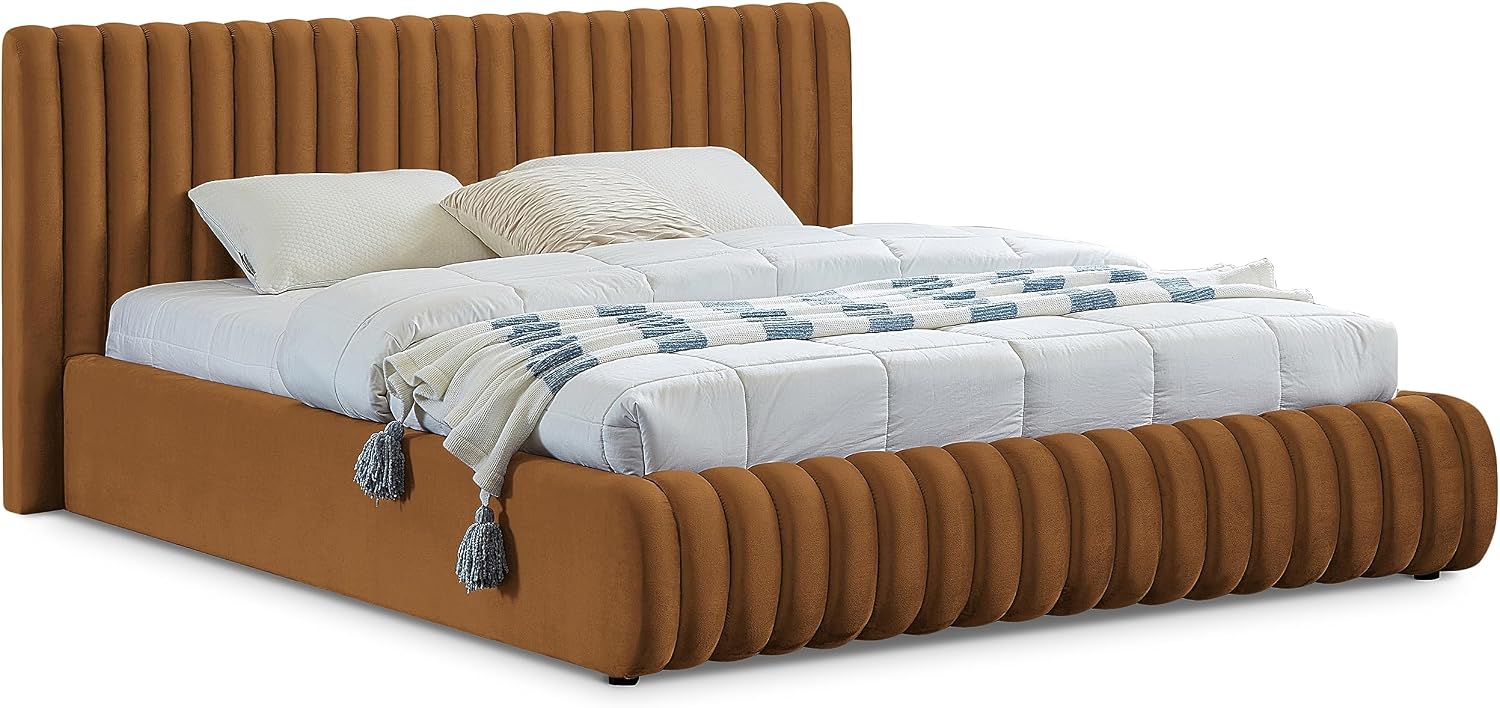 Meridian Furniture NicoSaddle-K Nico Collection Modern | Contemporary Velvet Upholstered King Bed with Rich Saddle Velvet and Deep Channel Tufting, 89' W x 91' D x 38' H, Saddle, King
