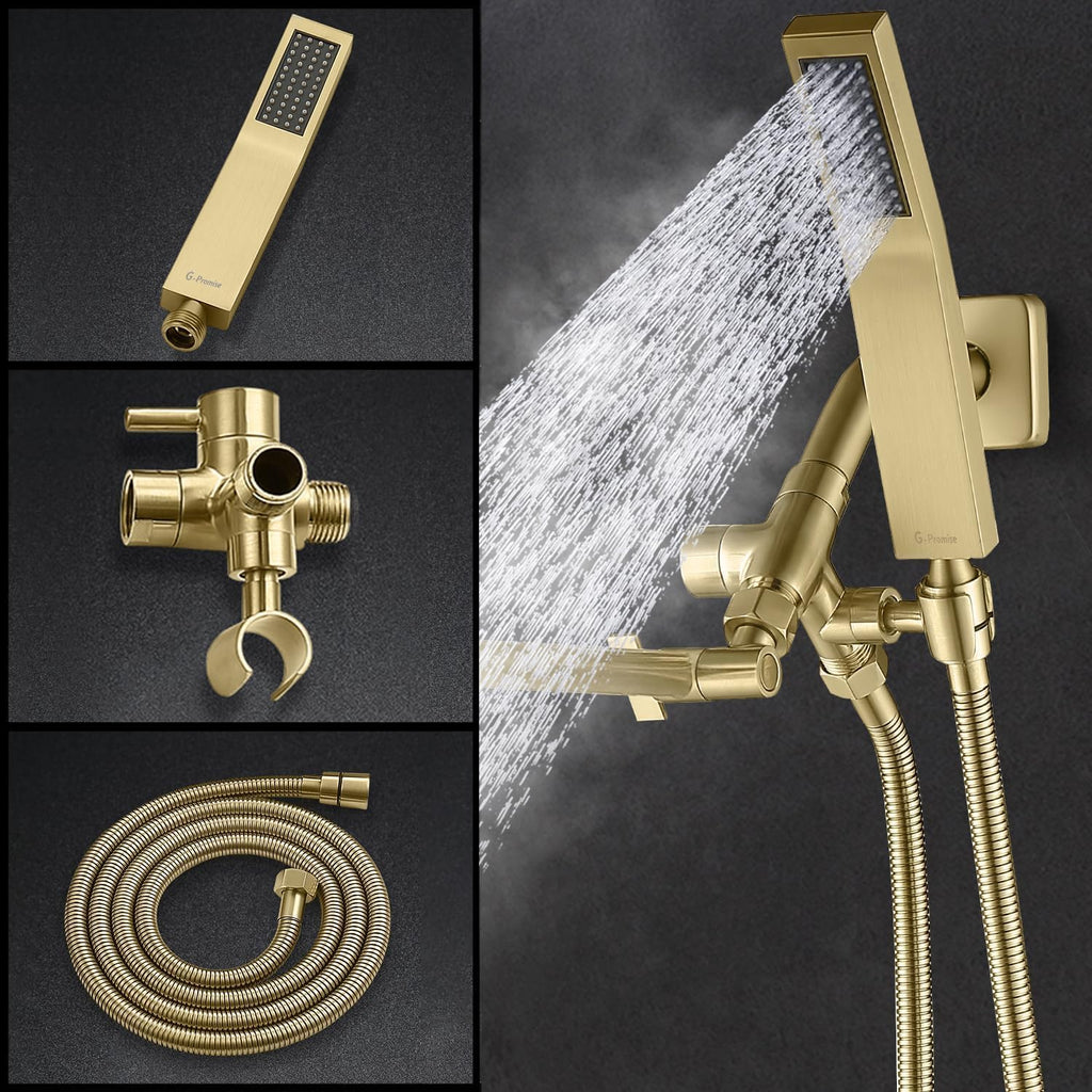 G-Promise All Metal 8-Inch Dual Square Shower Head Combo, Rain Shower Head, Handheld Shower Wand with 71-Inch Extra Long Hose, 3-Way Diverter, Adjustable Extension Arm, Brushed Gold
