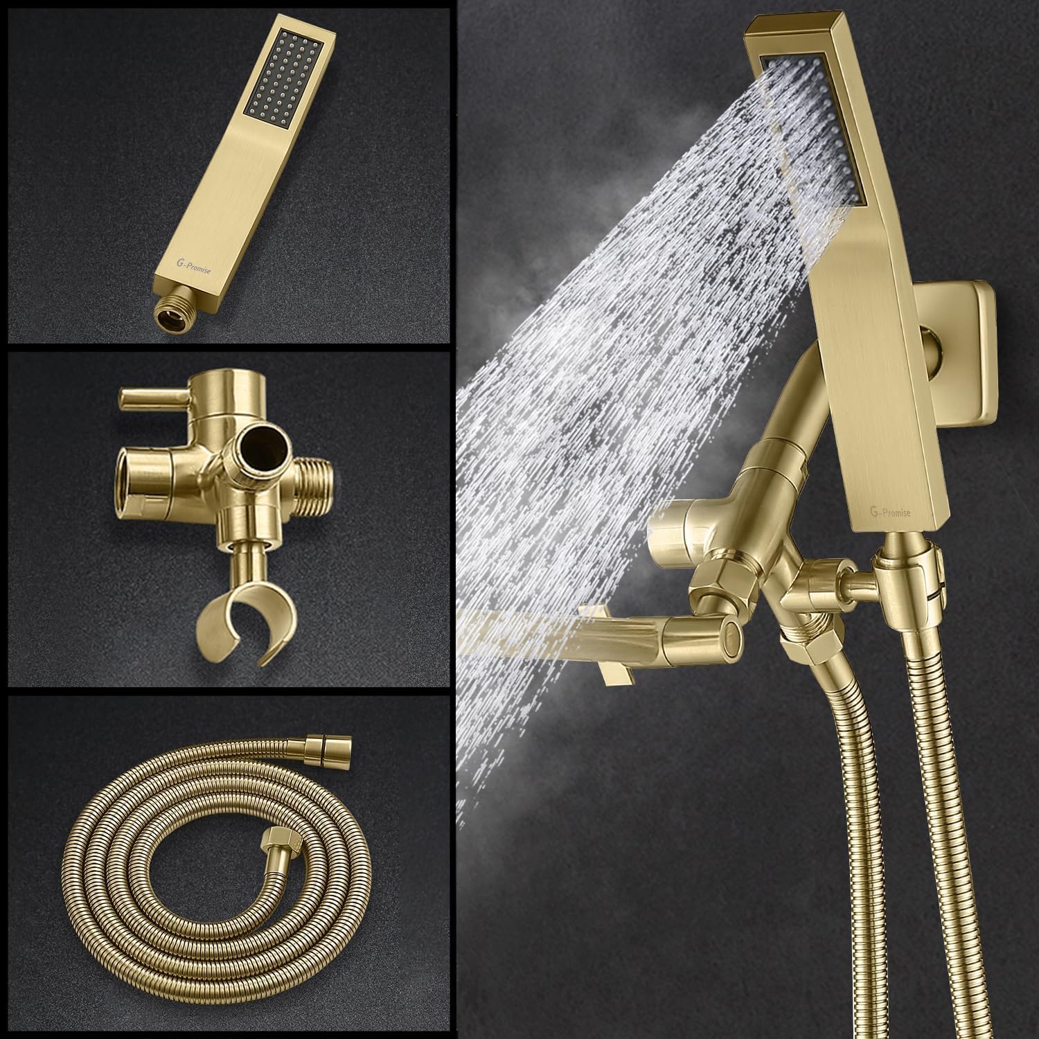 G-Promise All Metal 8-Inch Dual Square Shower Head Combo, Rain Shower Head, Handheld Shower Wand with 71-Inch Extra Long Hose, 3-Way Diverter, Adjustable Extension Arm, Brushed Gold