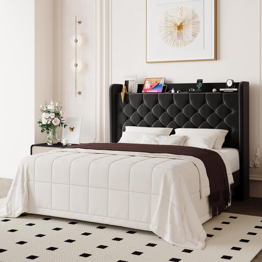 Allewie Full Size Bed Frame, Storage Headboard with Charging Station, Wingback Velvet Upholstered, Diamond Stitched Button Tufted, Sturdy Wooden Slats, No Box Spring Needed, Easy Assembly, Black