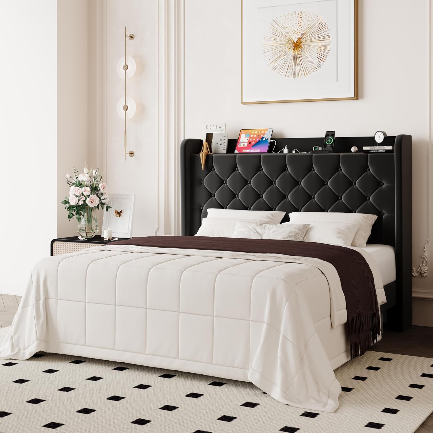 Allewie Full Size Bed Frame, Storage Headboard with Charging Station, Wingback Velvet Upholstered, Diamond Stitched Button Tufted, Sturdy Wooden Slats, No Box Spring Needed, Easy Assembly, Black