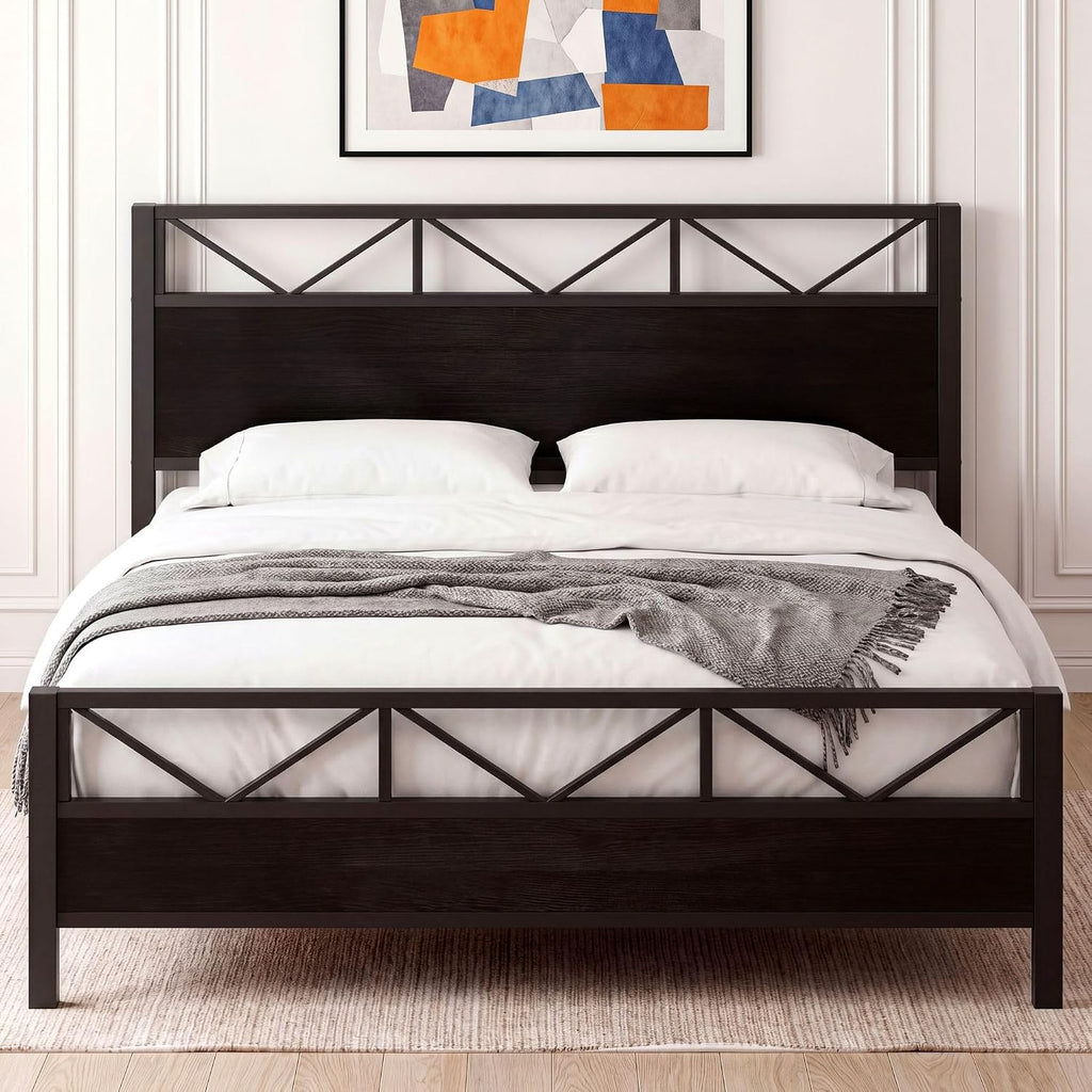 LIKIMIO King Bed Frame, Tall Industrial Headboard 51.2 ', Platform Bed Frame with Strong Metal Support, Solid and Stable, Noise Free, No Box Spring Needed, Easy Assembly, Black