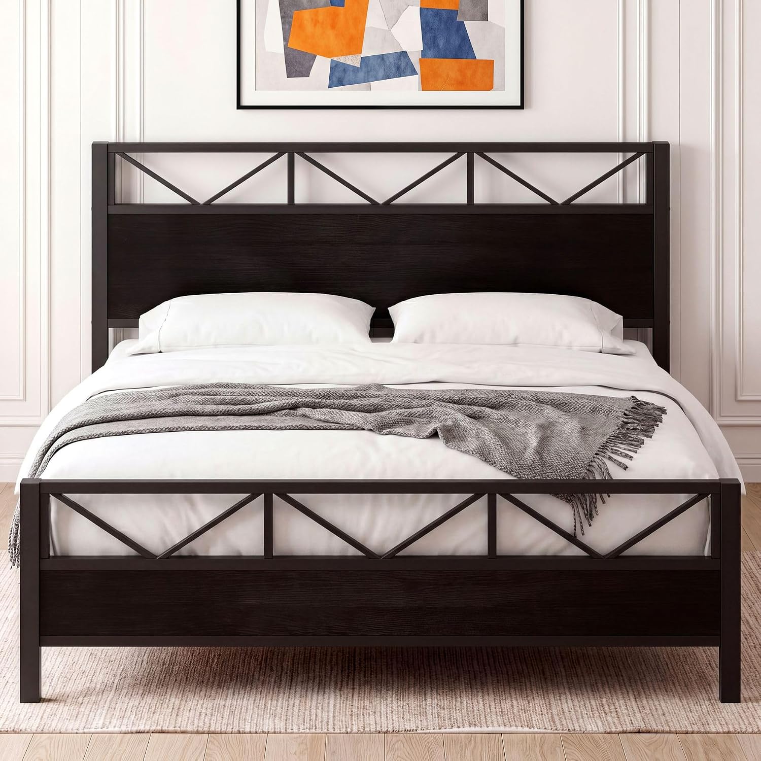 LIKIMIO King Bed Frame, Tall Industrial Headboard 51.2 ', Platform Bed Frame with Strong Metal Support, Solid and Stable, Noise Free, No Box Spring Needed, Easy Assembly, Black
