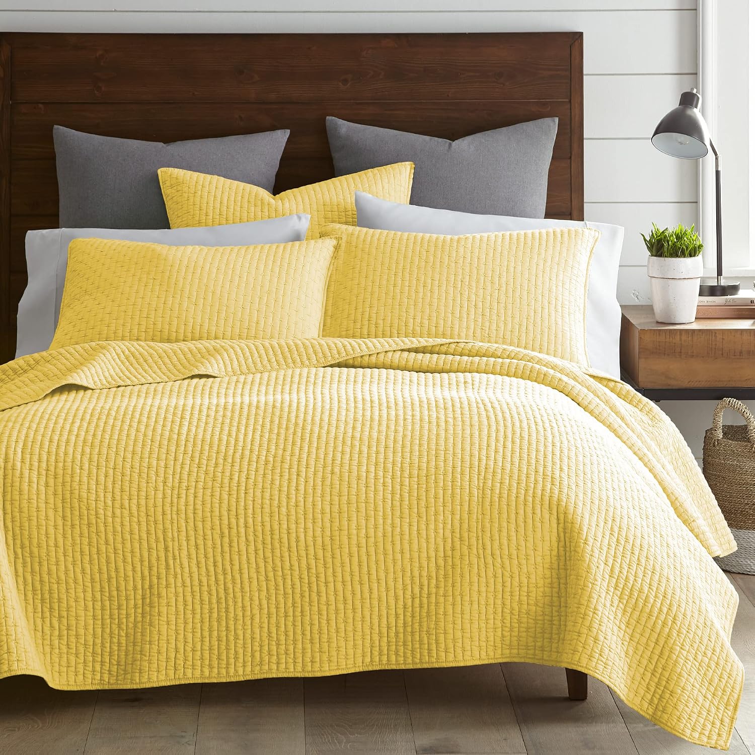 Levtex Home Cross Stitch Reversible King/Cal King Quilt Set (106x92in) and 2 Pillow Shams (36x20in) - Stitch Texture - Yellow - Cotton King Size Quilt Bedding Set - Lightweight Soft Pre-Washed