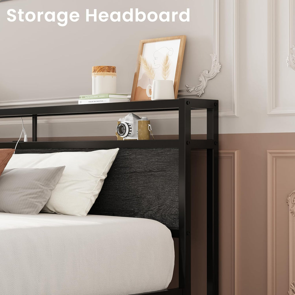 LIKIMIO King Size Bed Frame with 4 Storage Drawers, 2-Tier Storage Headboard with Charging Station, Double Bed Frame King Size for Bedroom, No Box Spring Needed, Easy Assembly, Charcoal Grey