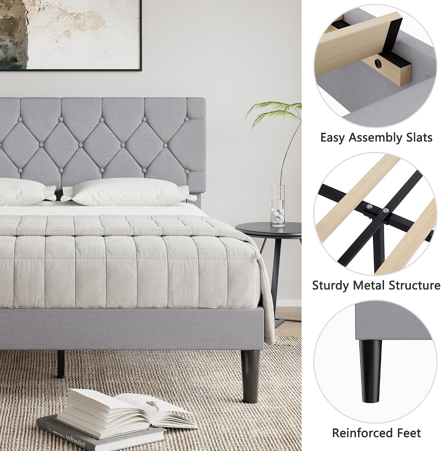 VECELO Full Size Bed Frame with Button Tufted Headboard, Upholstered Platform Bedframe with Wood Slat Support, No Box Spring Needed, Dark Grey